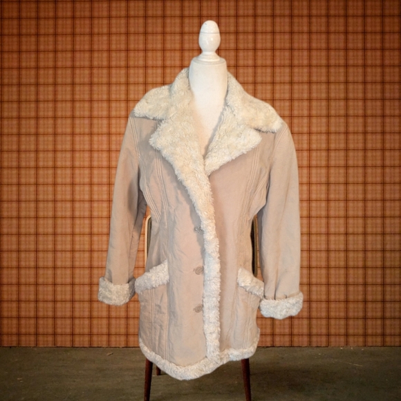 Vtg suede Sherpa lined Penny Lane cream coat by Static sz S/M - Picture 12 of 12